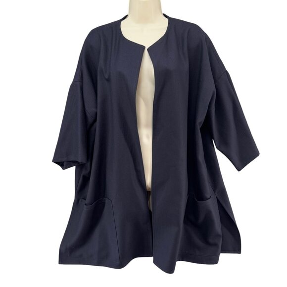 Dusan Wool Open Front Cardigan Womens Navy Flowy Pockets Made in Italy Size L - Picture 1 of 12